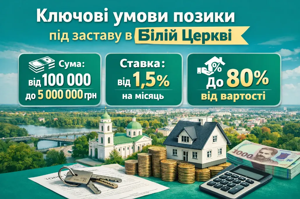 Ключові умови позики під заставу в Білій Церкві — сума від 100 000 до 5 000 000 грн, ставка від 1,5% на місяць, до 80% від вартості нерухомості