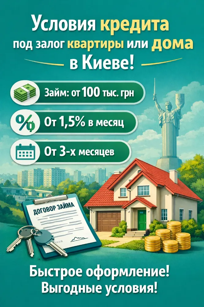Кредит под залог квартиры или дома в Киеве — займ от 100 тысяч грн, ставка от 1,5% в месяц, срок от 3 месяцев