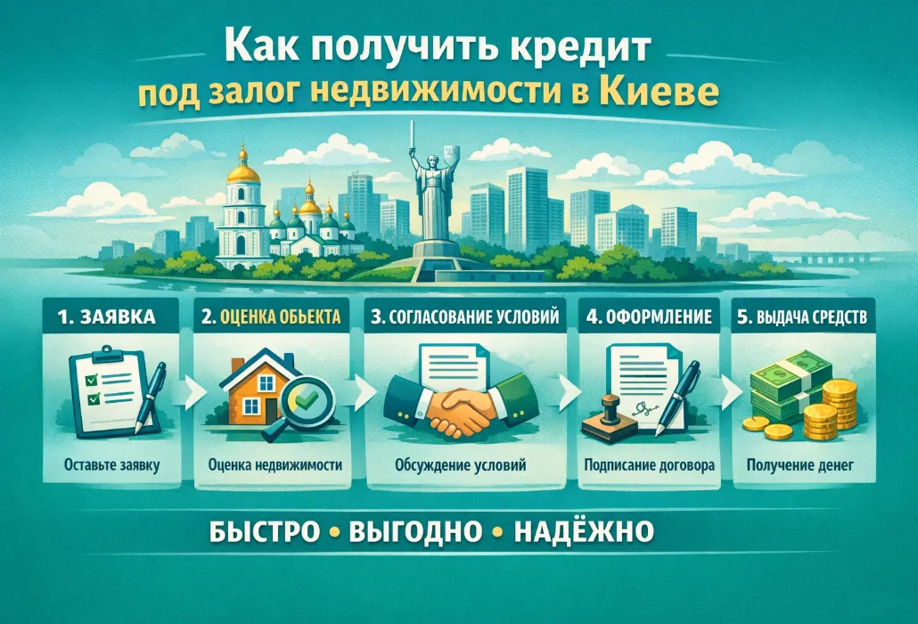 Кредит под залог недвижимости в Киеве: заявка, оценка объекта, согласование условий, оформление договора и выдача средств