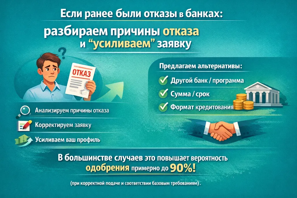 Если ранее были отказы в банках: анализ причин отказа, усиление заявки, подбор альтернативного банка и программы, повышение вероятности одобрения до 90%